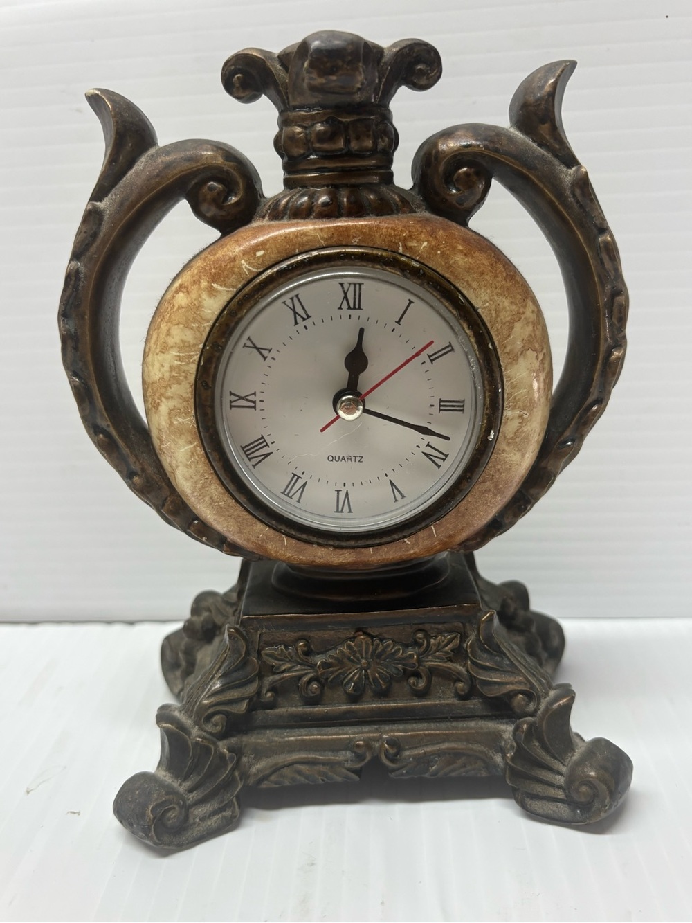 Ornate Decorative Desk/Table Clock 7" Bronze Resin Urn Style Quartz